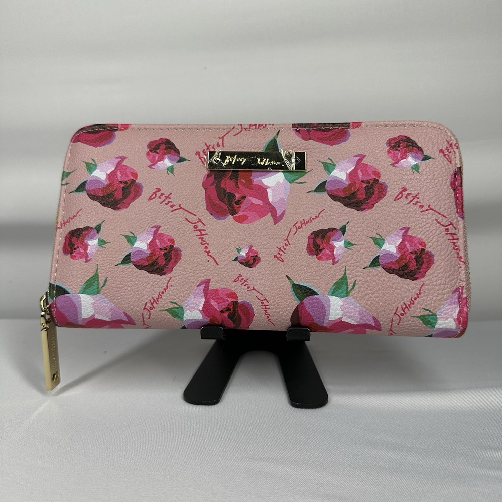 Betsy Johnson Pink Floral zip-around Wallet Gold Tone Hardware H 4" W 8"